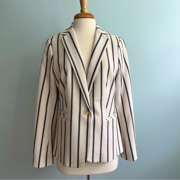 Talbots Pinstripe Nautical Coastal Blazer Size 10 Cream Navy - Picture 3 of 16